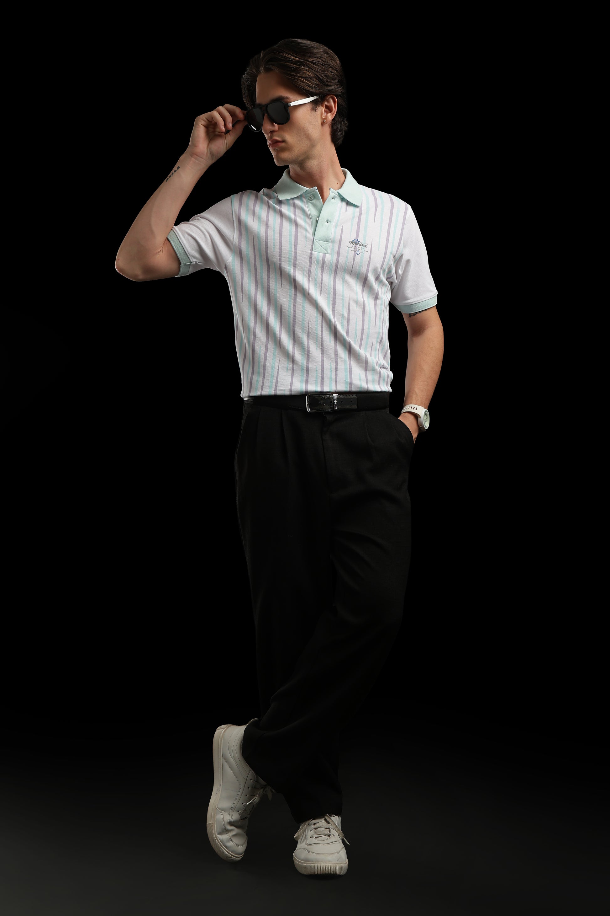 OutlawsFashion Marine Stripe White & Mint Green Polo T-Shirt for Men