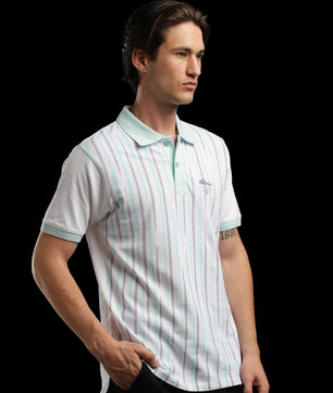 OutlawsFashion Marine Stripe White & Mint Green Polo T-Shirt for Men