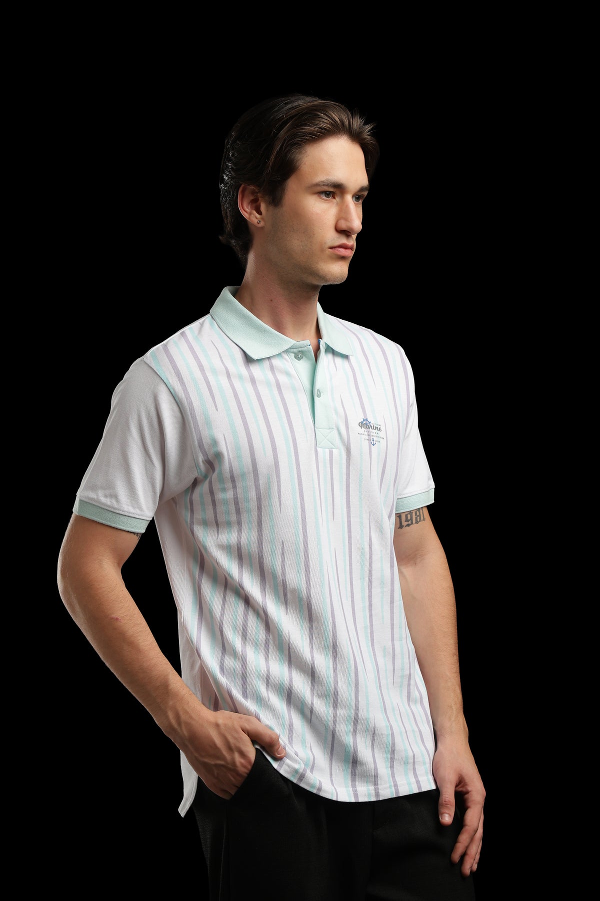 OutlawsFashion Marine Stripe White & Mint Green Polo T-Shirt for Men