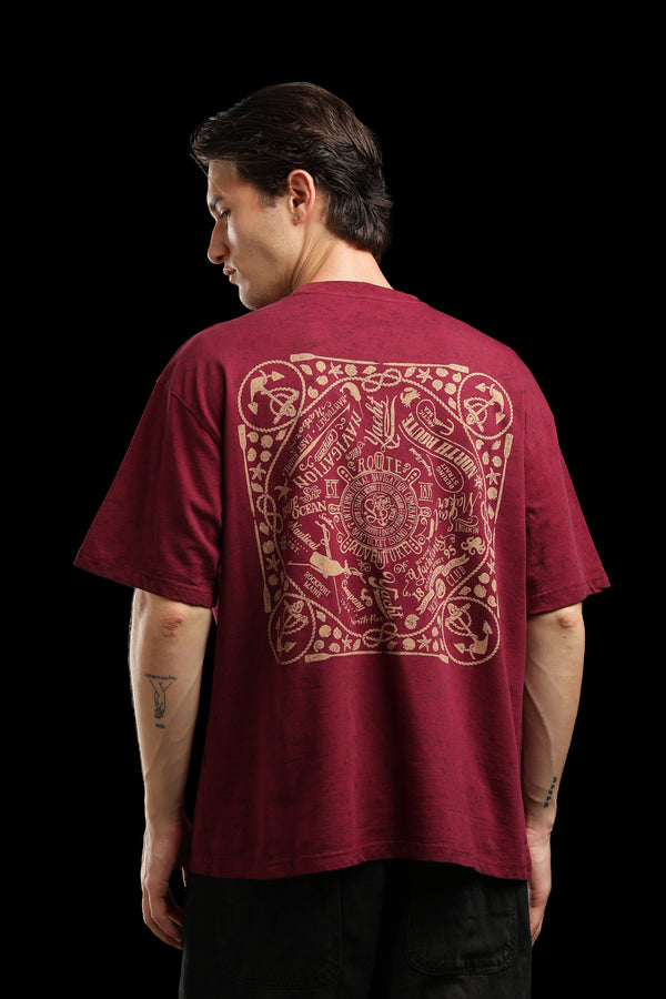 OutlawsFashion Ocean Spirit Maroon Oversized T-Shirt for Men