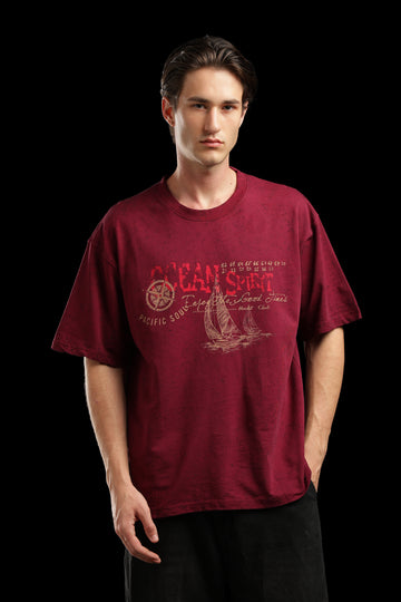 OutlawsFashion Ocean Spirit Maroon Oversized T-Shirt for Men