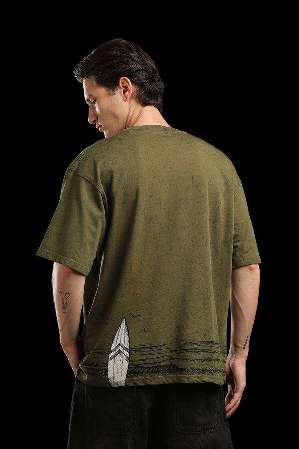 OutlawsFashion Wave Rider Olive Green Oversized T-Shirt for Men