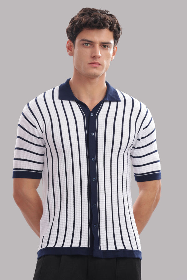 Men's navy and white striped cotton polo shirt by Outlaws Fashion, featuring a button-down collar and classic fit.