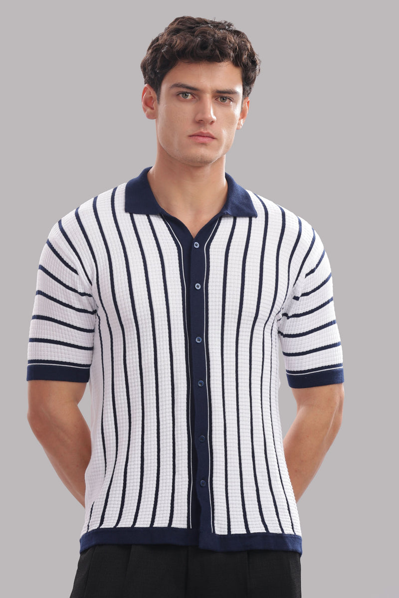 Men's navy and white striped cotton polo shirt by Outlaws Fashion, featuring a button-down collar and classic fit.