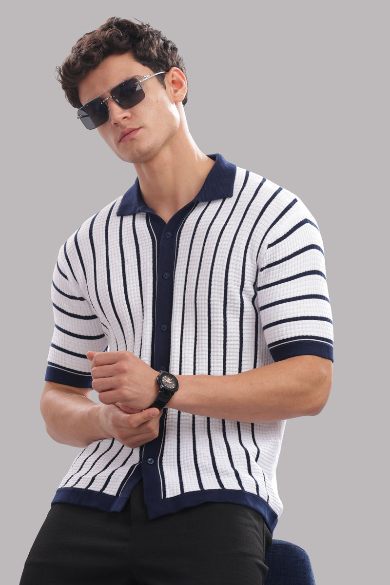 Men's navy and white striped cotton polo shirt by Outlaws Fashion, featuring a classic button-down design and comfortable fit.