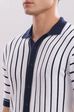 Men's navy and white 100% cotton striped button-down polo shirt by Outlaws Fashion, featuring classic collar and long sleeves.