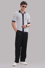 Men's navy and white striped cotton polo shirt by Outlaws Fashion, featuring a button-down collar and classic fit.