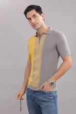 Men's grey and mustard colorblock cotton polo shirt with zip neck by Outlaws Fashion, casual smart men's tee.