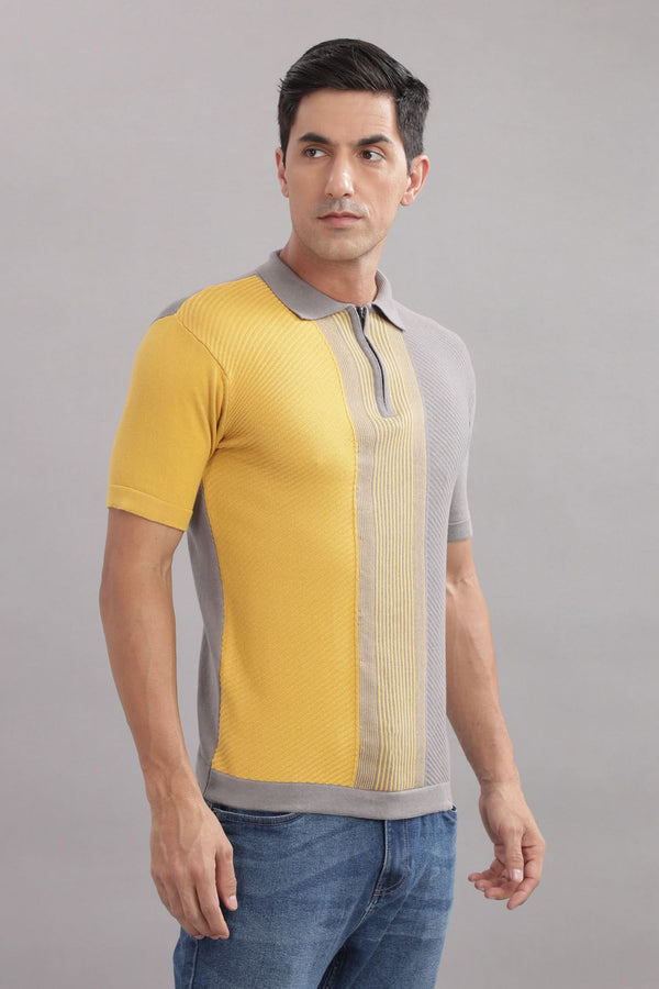 Men's grey and mustard colorblock cotton and rayon polo shirt with zip neck, casual style by Outlaws Fashion.