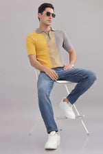 Outlaws Fashion men's cotton polo shirt with grey and mustard colorblock design, featuring a smart casual zip neck tee.