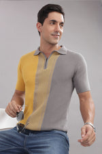 Men's grey and mustard colorblock cotton polo shirt with zip neck from Outlaws Fashion, smart casual rayon polo for men.