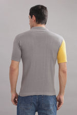 Men's grey and mustard colorblock cotton polo shirt from Outlaws Fashion, featuring a smart casual zip neck rayon design.