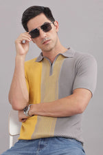 Men's grey and mustard colorblock rayon polo shirt by Outlaws Fashion with zip neck, casual smart style, featuring cotton blend fabric.