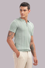 Men's mint green textured cotton polo shirt by Outlaws Fashion, showcasing a smart casual style with a classic fit and soft fabric.