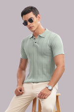 Men's mint green textured cotton polo shirt by Outlaws Fashion, showcasing a smart casual style with a classic fit.