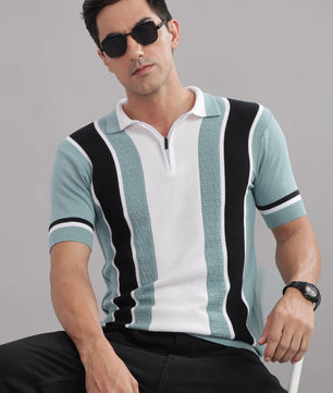 Outlaws men knitted polo t shirt white mint black stripe front