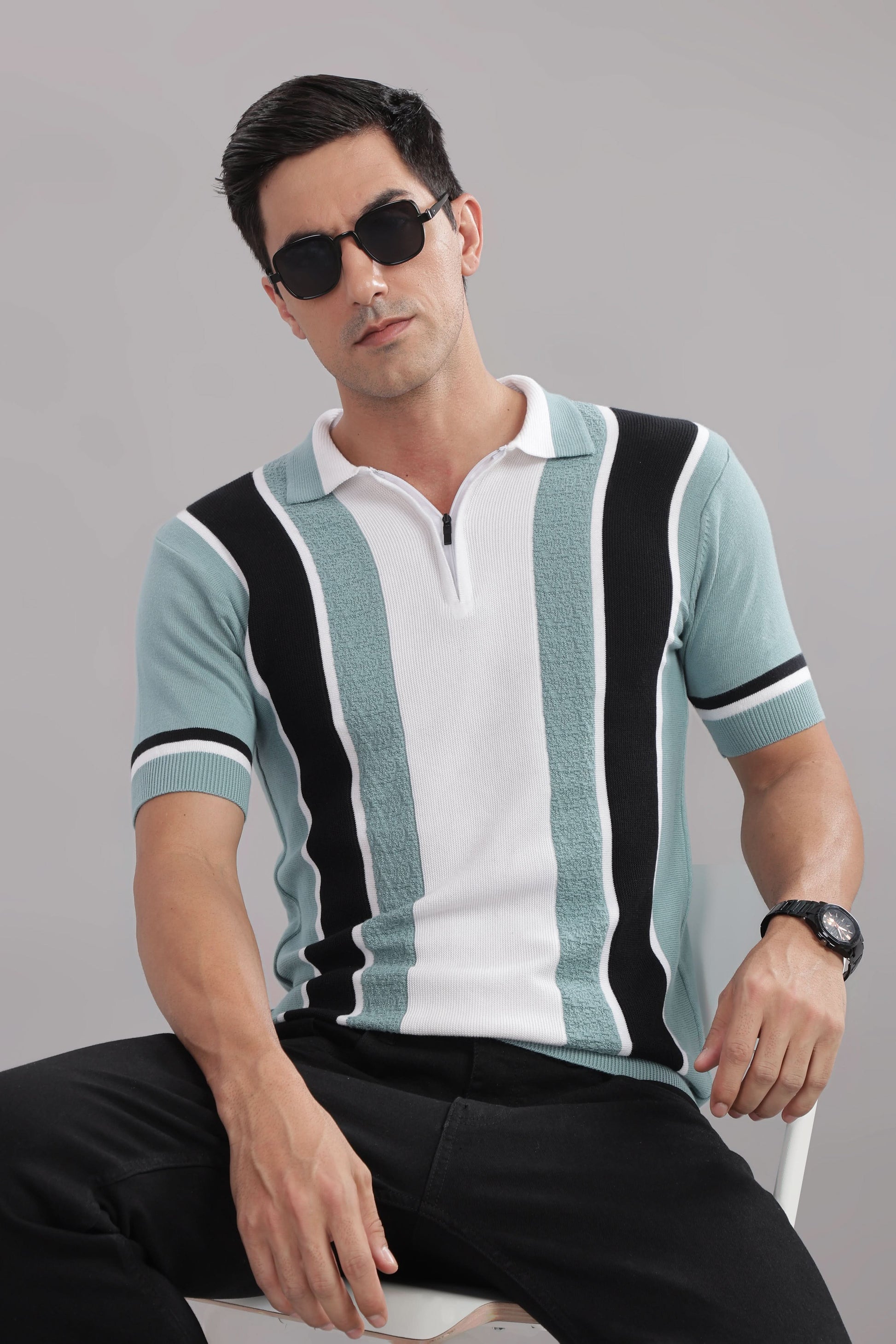 Outlaws men knitted polo t shirt white mint black stripe front