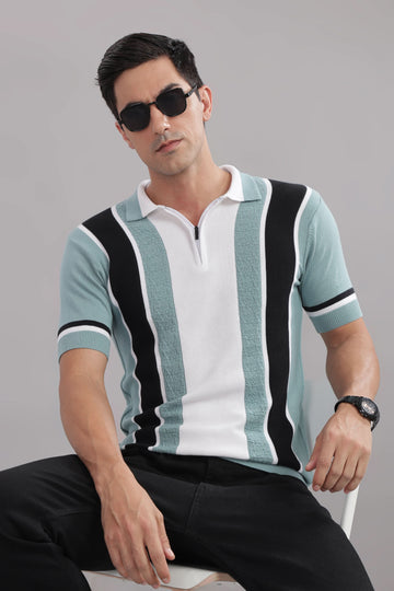 Outlaws men knitted polo t shirt white mint black stripe front