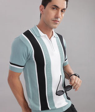 men knitted polo t shirt cotton slim fit mint stripe design