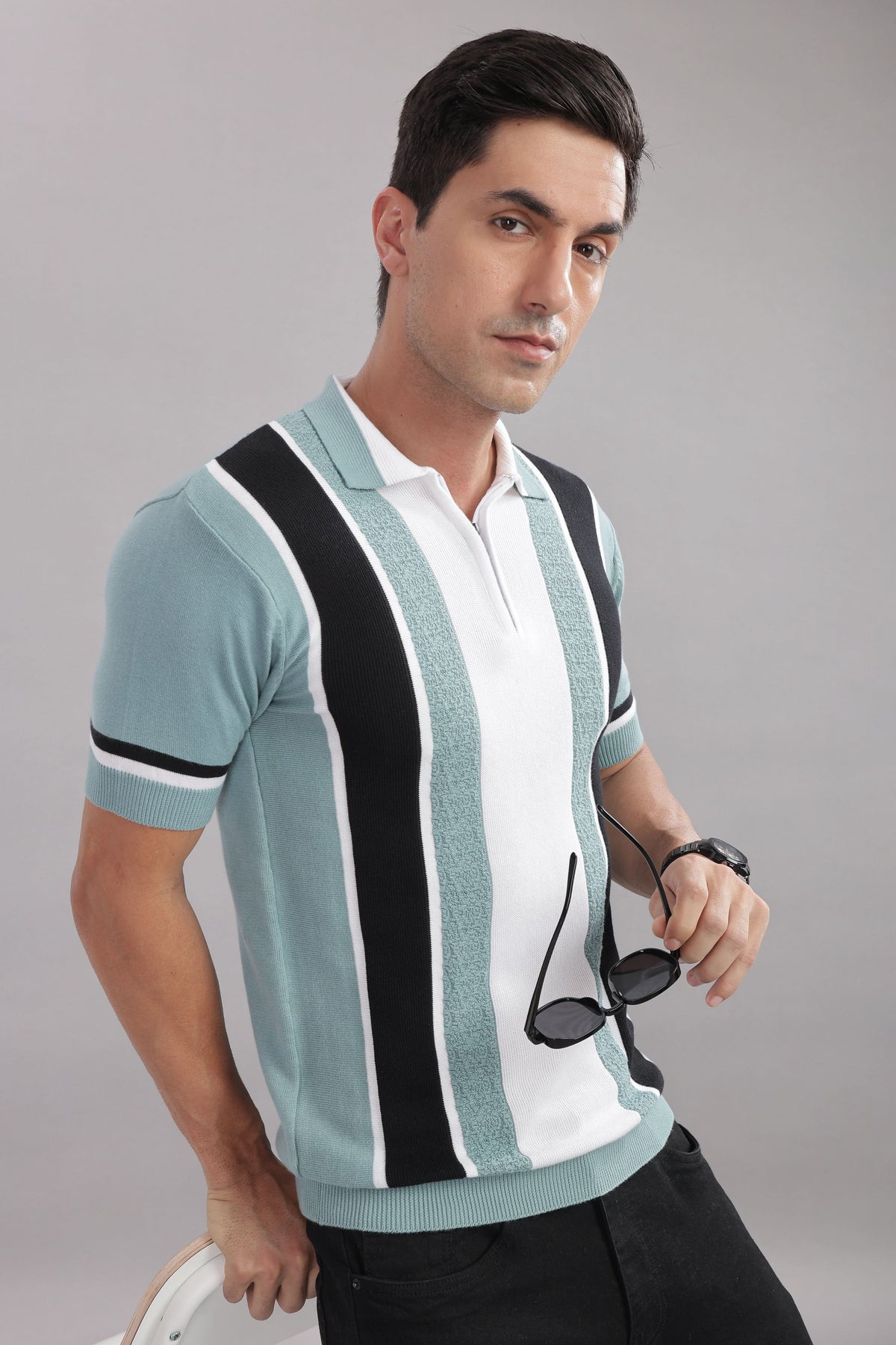men knitted polo t shirt cotton slim fit mint stripe design