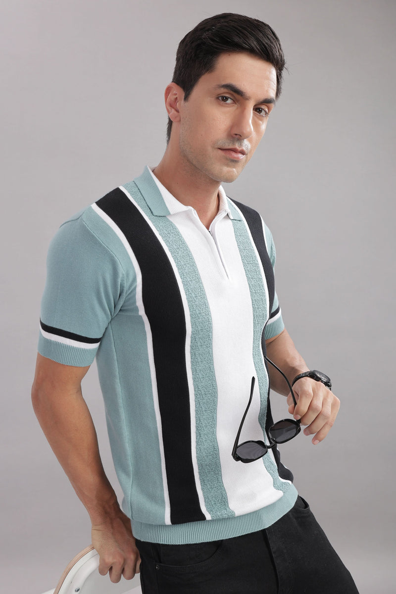 men knitted polo t shirt cotton slim fit mint stripe design