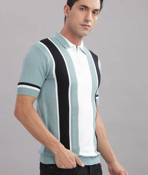 zip collar polo t shirt for men white mint black stripes