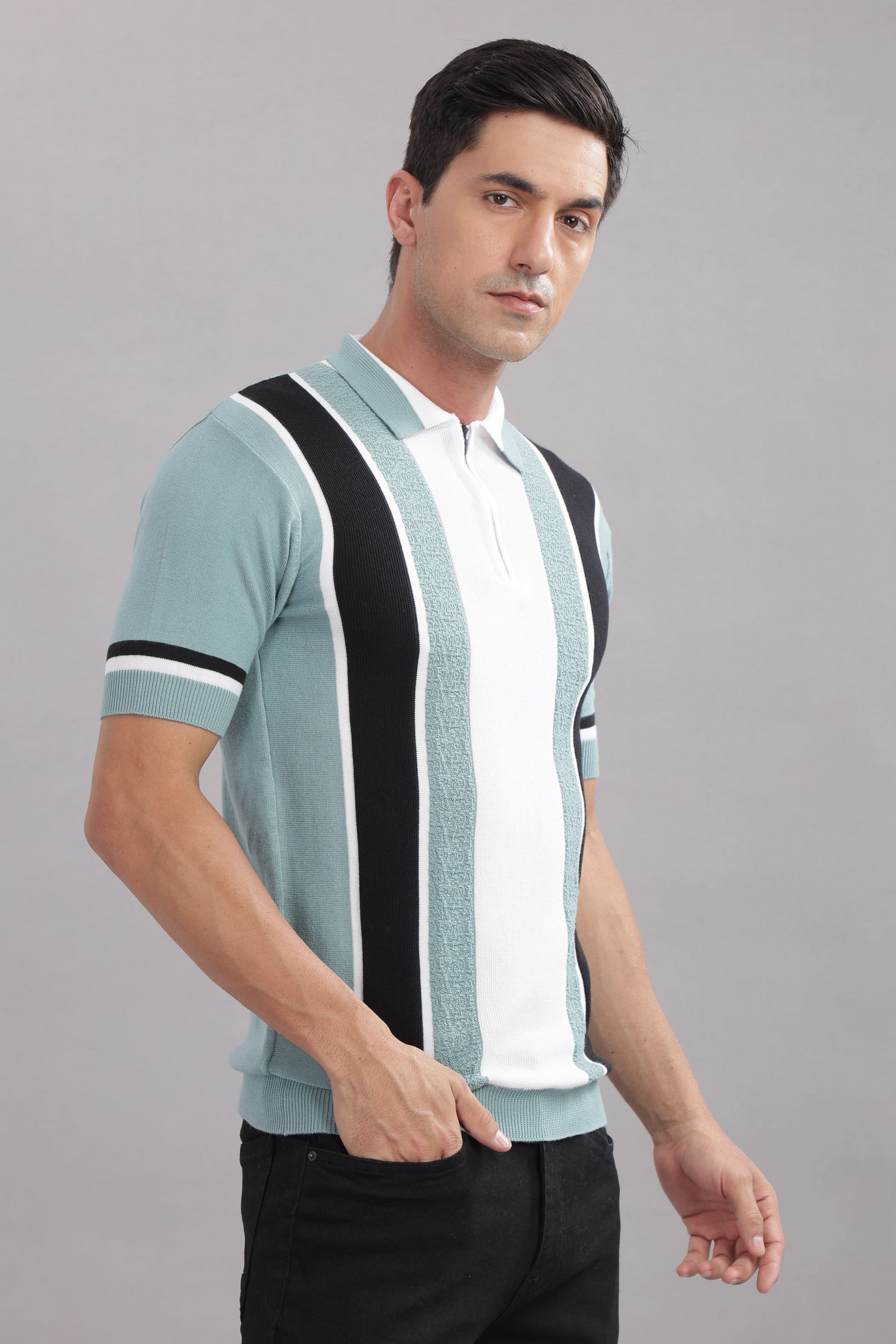 zip collar polo t shirt for men white mint black stripes