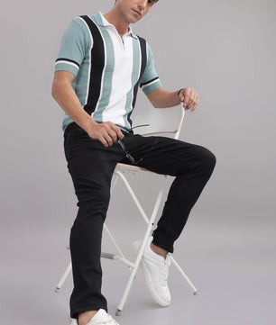 cotton knit polo t shirt men slim fit stripe pattern
