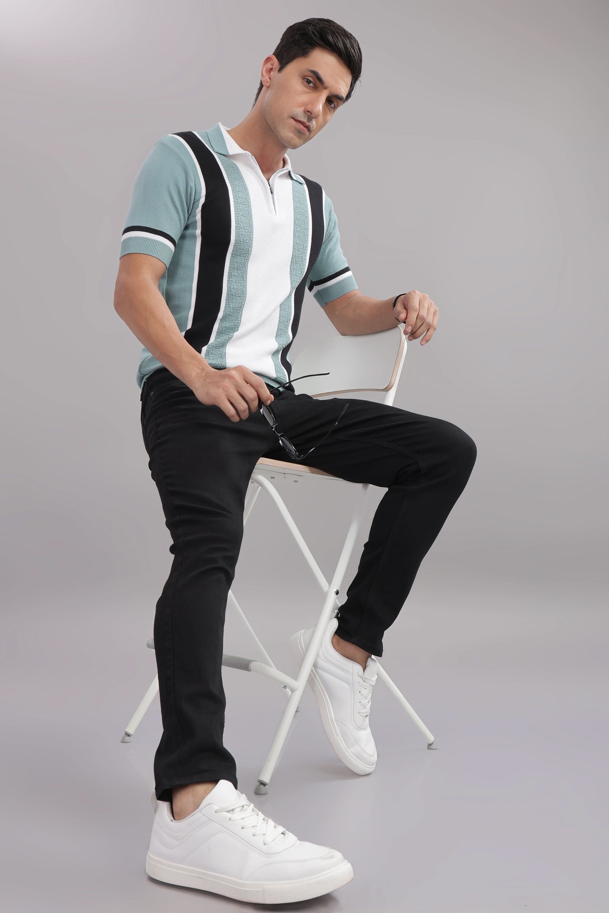 cotton knit polo t shirt men slim fit stripe pattern
