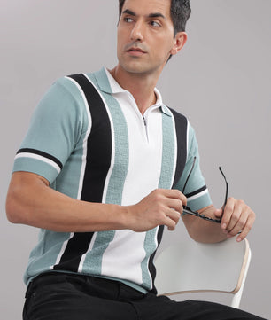 white mint striped knitted polo t shirt for men zip collar