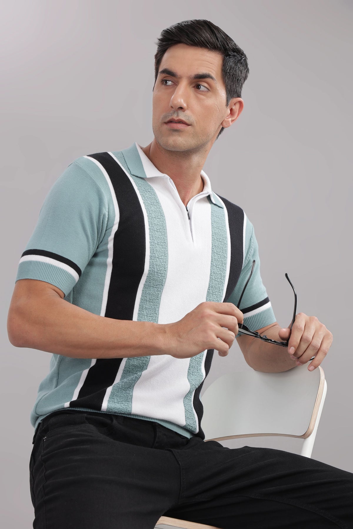 white mint striped knitted polo t shirt for men zip collar