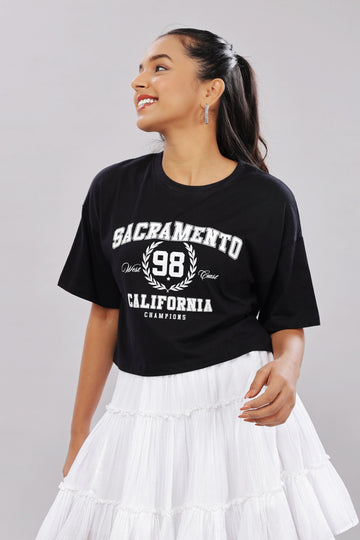 Black cotton boxy top for women with extended sleeves, stylish and comfortable, by Outlaws Fashion.