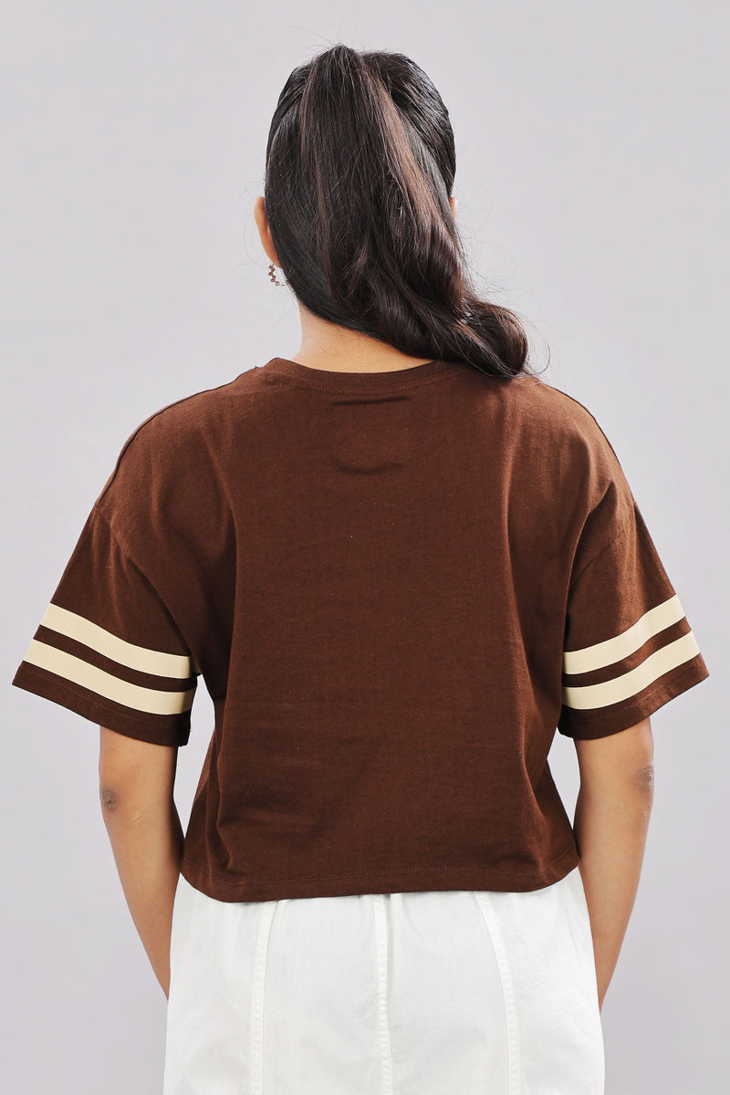 Printed brown cotton boxy top for women with extended sleeves, stylish and comfortable from Outlaws Fashion.