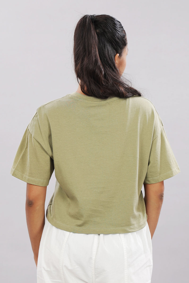 Printed olive cotton boxy top for women with extended sleeves, stylish and comfortable from Outlaws Fashion.
