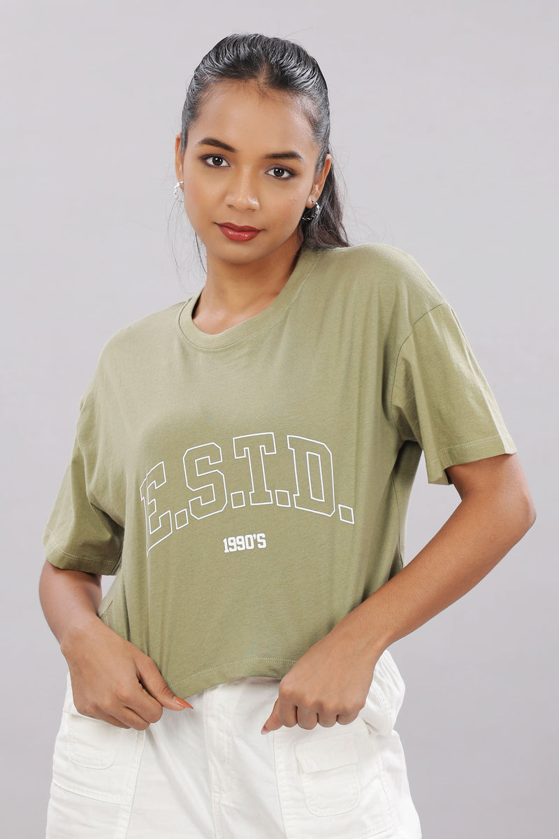 Printed olive cotton boxy top for women with extended sleeves by Outlaws Fashion, showing the relaxed fit and stylish design.