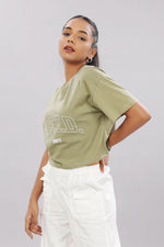 Printed olive cotton boxy top for women with extended sleeves by Outlaws Fashion, shown on a model with a casual style.