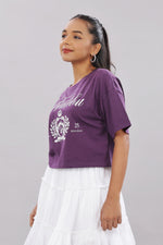 Printed purple cotton boxy top for women with extended sleeves, featuring a relaxed fit and stylish design.