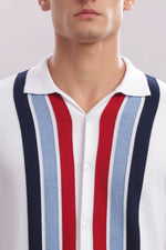 White cotton men's button-down shirt with multicolor stripes, knitted fabric, by Outlaws Fashion.
