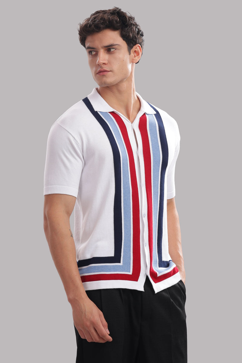 Outlaws Fashion men's white 100% cotton knitted button-down shirt with multicolor stripe pattern, casual and comfortable fit.