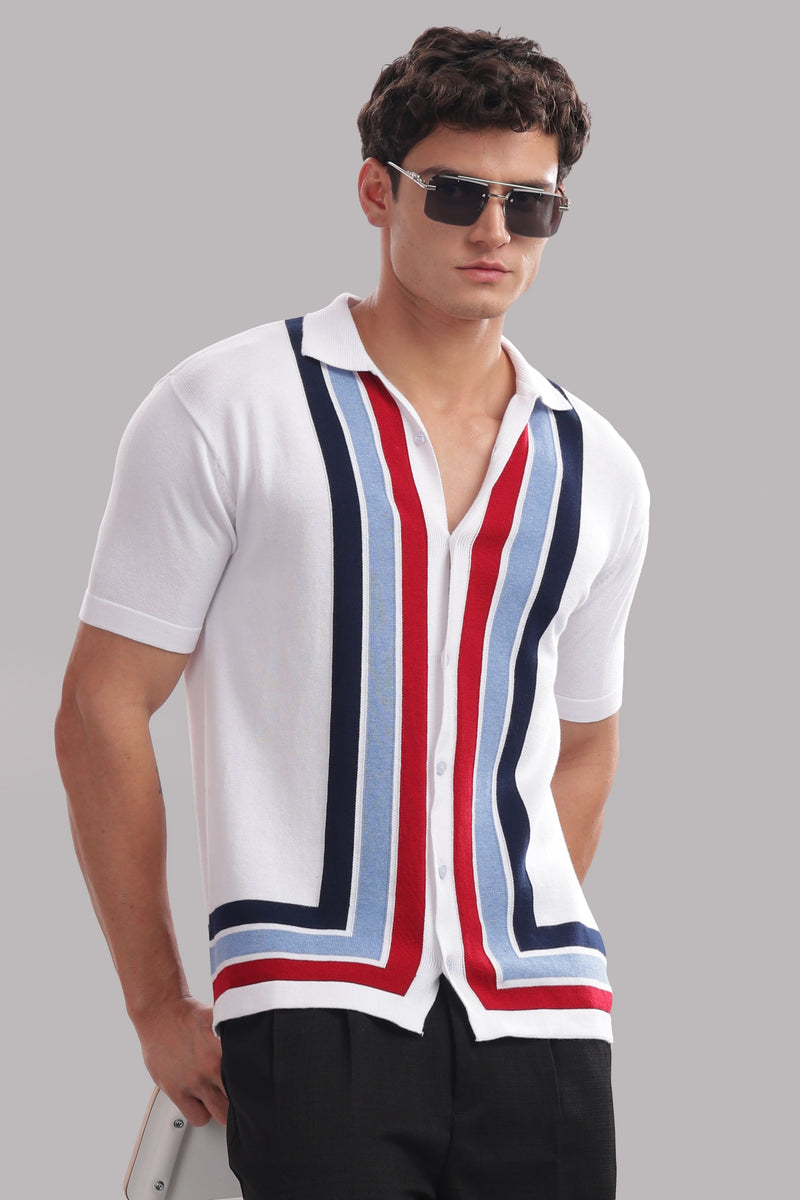 Men's white 100% cotton knitted button-down shirt with multicolor stripe pattern by Outlaws Fashion.