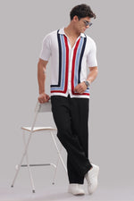 Men's white 100% cotton knitted button-down shirt with multicolor stripes by Outlaws Fashion, shown on a hanger.