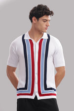 Men’s white 100% cotton knitted button-down shirt with multicolor stripes from Outlaws Fashion, featuring a classic collar and button closure.