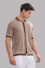 Outlaws Fashion men's 100% cotton textured button-down polo shirt, casual luxury style, shown in a close-up of the fabric and collar detail.